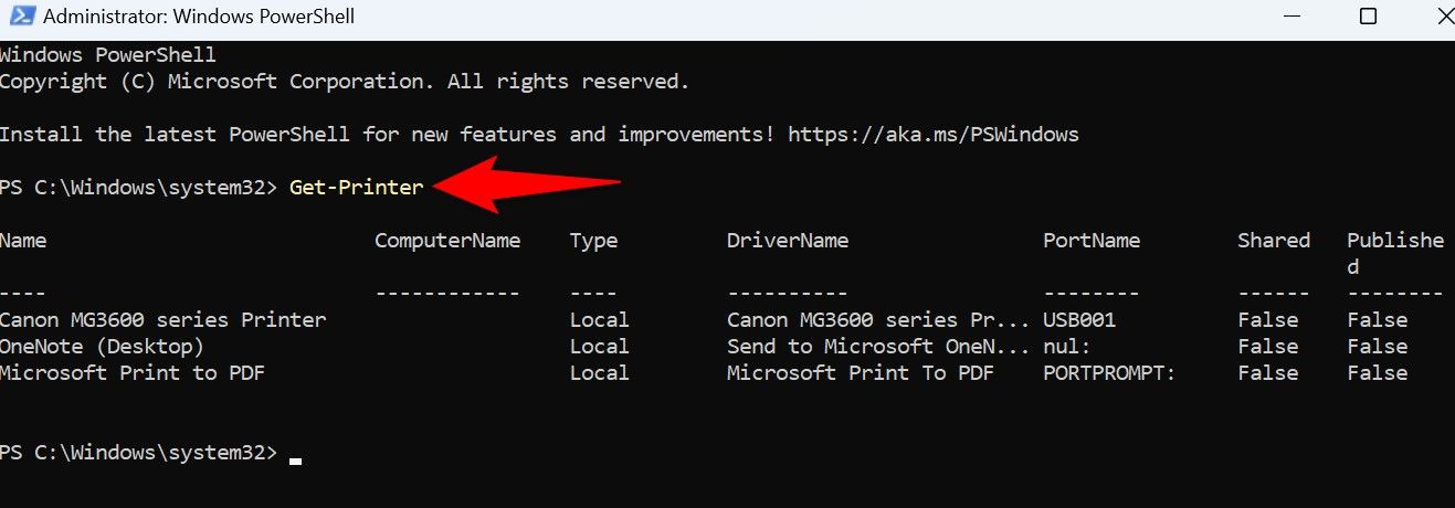 'Команда Get-Printer в PowerShell, вывод списка принтеров.'