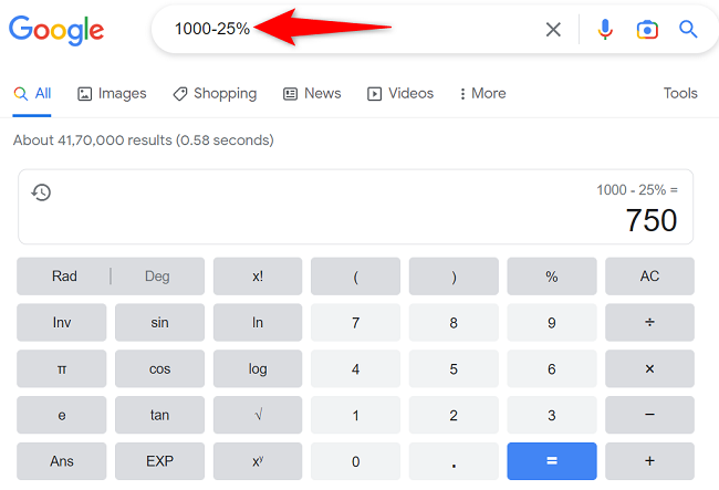 Вычитание процента: пример 1,000-25% в поиске Google