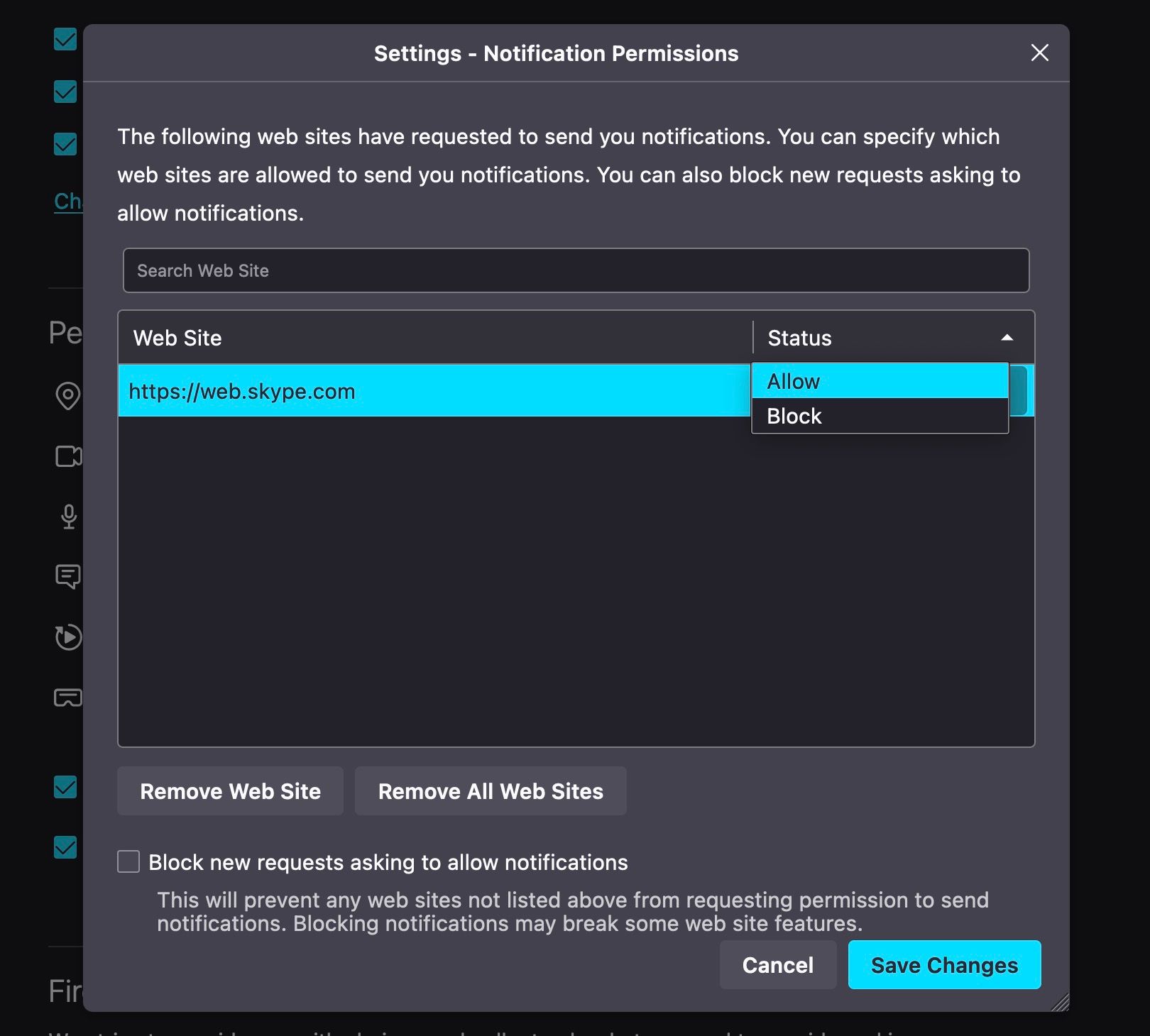 Настройки разрешений для уведомлений в Firefox