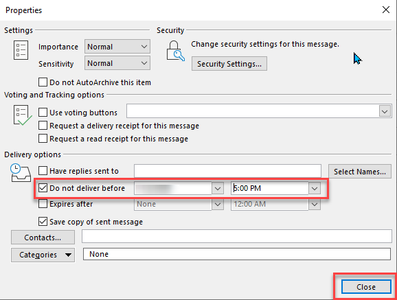 Окно свойств сообщения с параметром «Не доставлять раньше»
