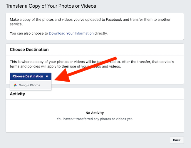 Откройте меню «Выбрать место назначения» и выберите Google Фото