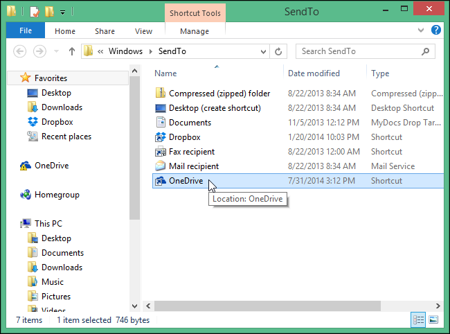 Ярлык OneDrive добавлен в папку SendTo