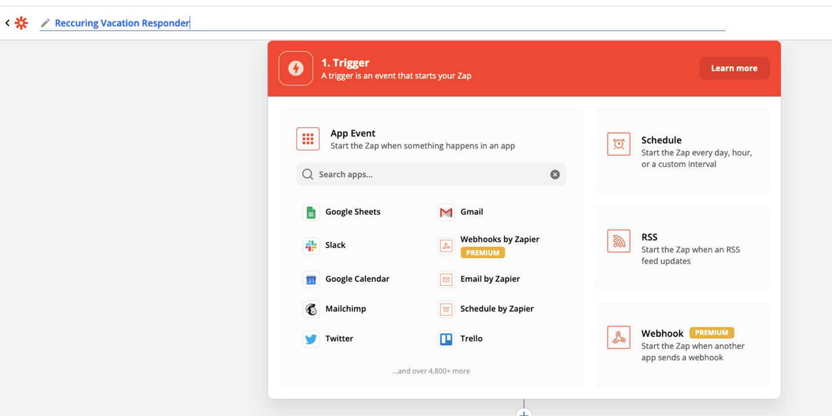 Создание нового Zap в Zapier