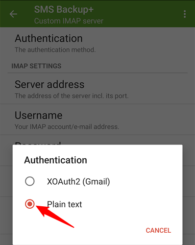 Выбор метода аутентификации Plain Text