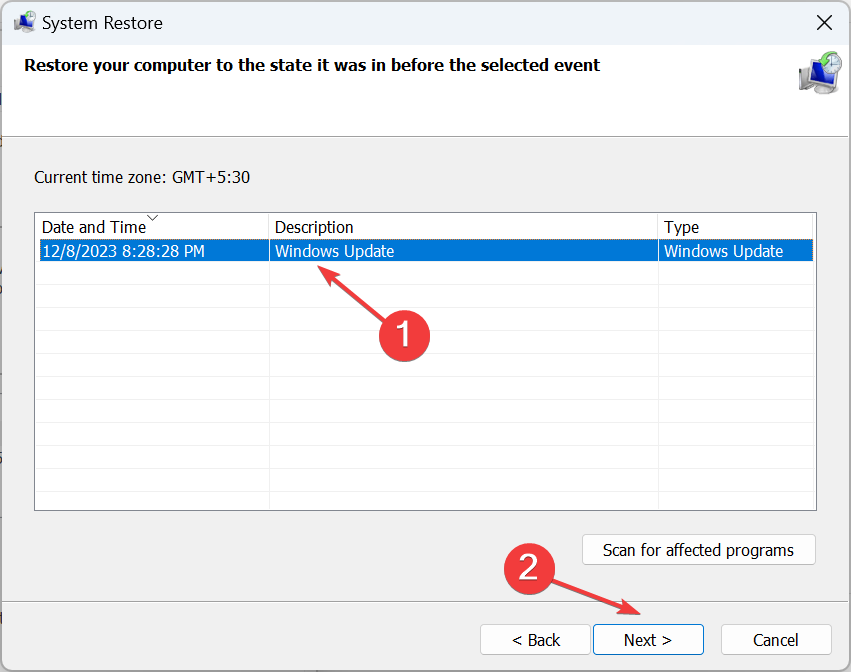 выбор точки восстановления