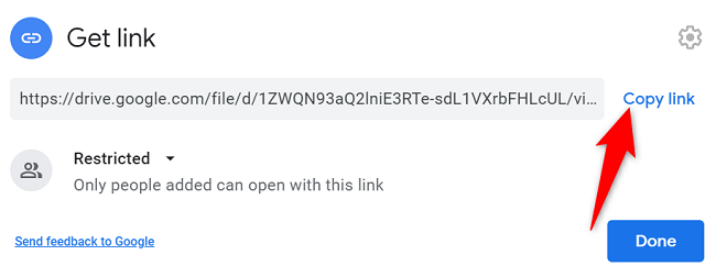Окно с кнопкой Копировать ссылку в Google Drive