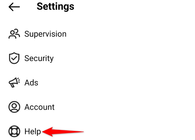 Пункт меню Справка в настройках Instagram.