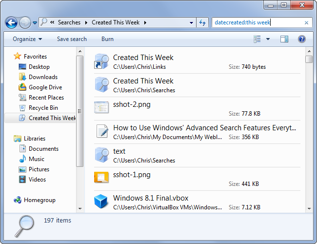 Использование сохранённого поиска в Windows 7: виртуальная папка с результатами
