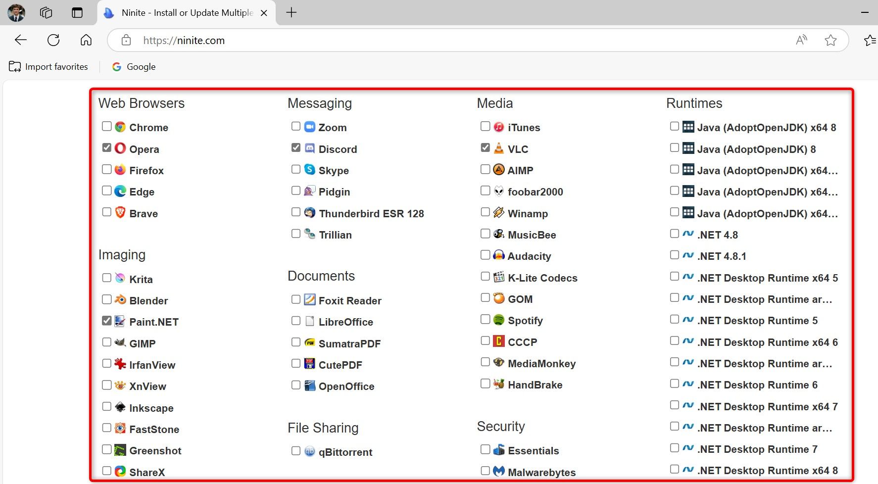 Выделены различные приложения на сайте Ninite.