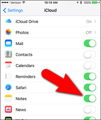 Включение Заметок в iCloud в Настройках