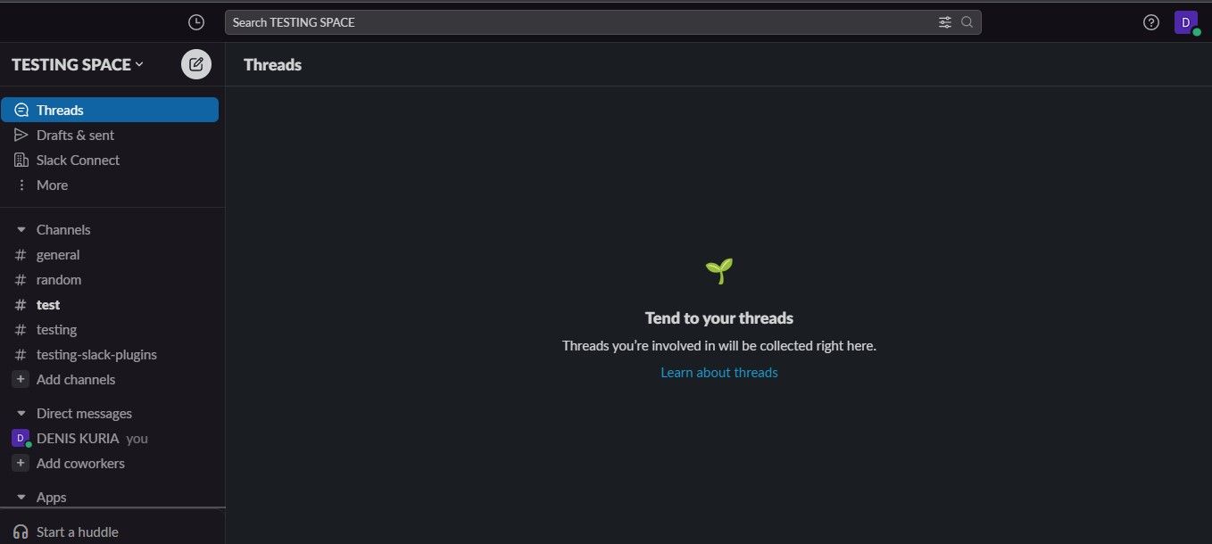 Тестовое рабочее пространство Slack с названием Testing space