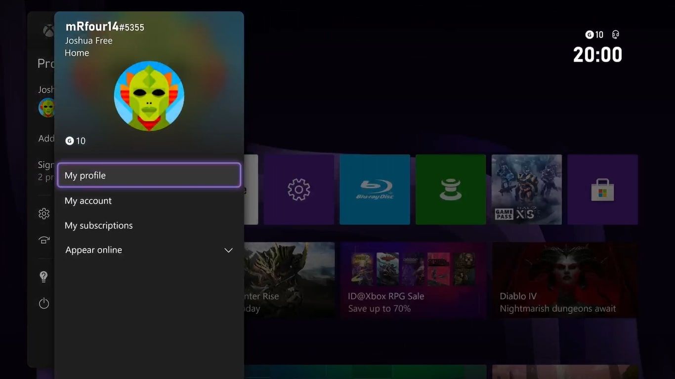Скриншот меню руководства Xbox Series X с выделенным Мой профиль