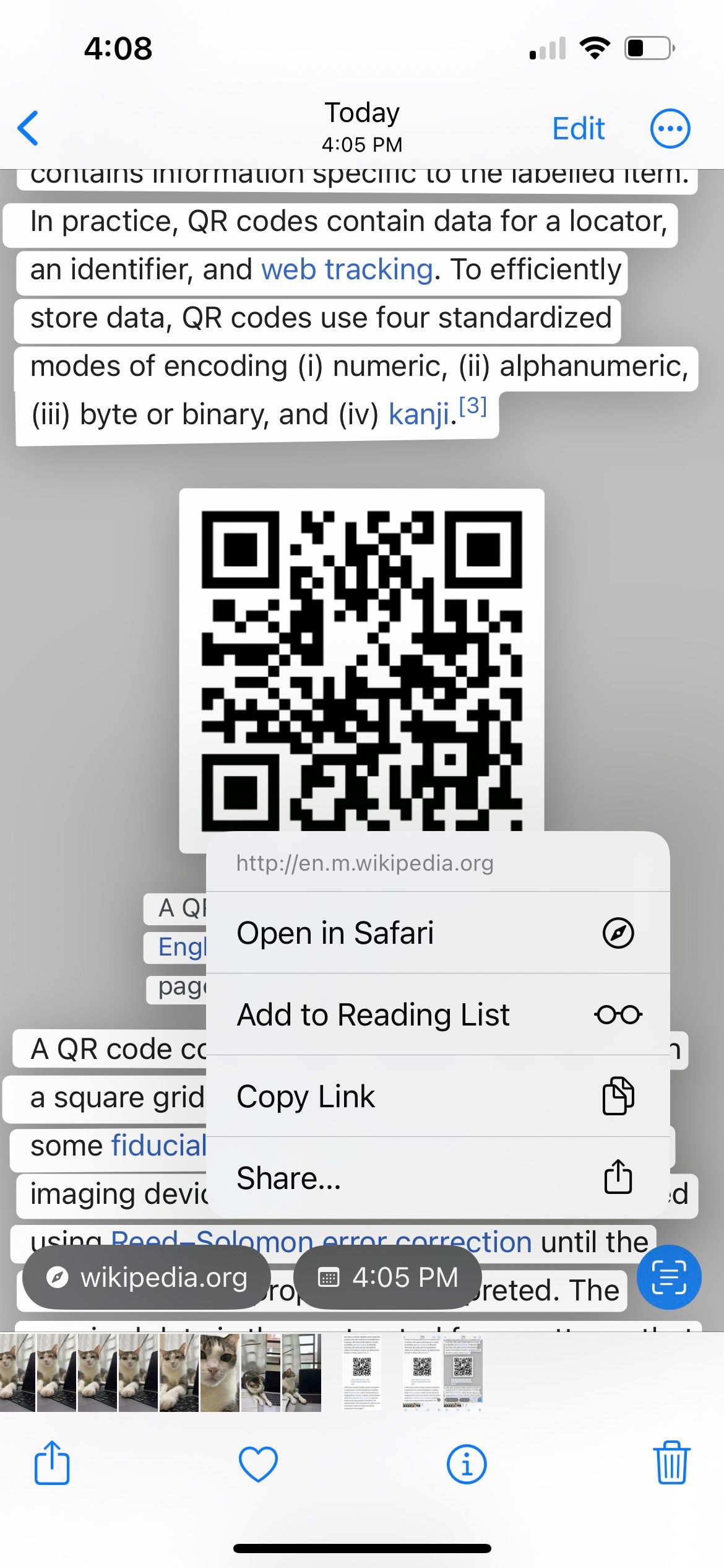 Live Text распознаёт QR‑код на фото iPhone