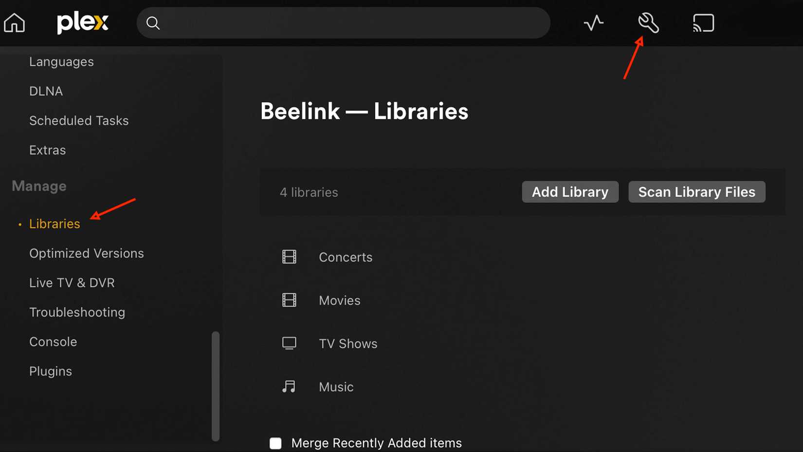 Выбор вкладки «Библиотеки» в настройках веб-интерфейса Plex.