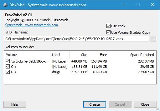 Параметры создания виртуального диска в Disk2vhd