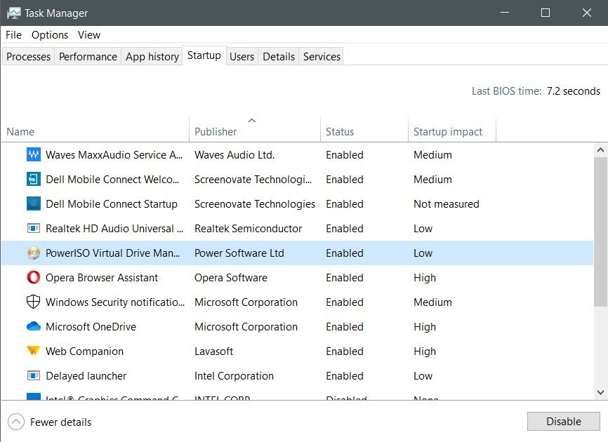 Startup tab in Windows task manager