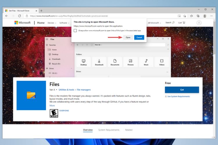 Предложение открыть Microsoft Store