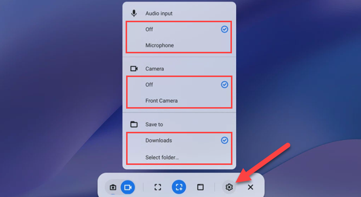 Открытие настроек захвата экрана через значок шестерёнки.