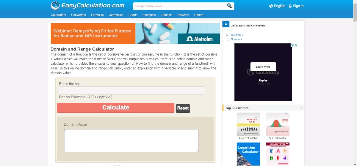 Интерфейс калькулятора EasyCalculation для области определения и множества значений