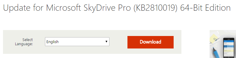 Pagina di download dell'hotfix Microsoft per SkyDrive Pro