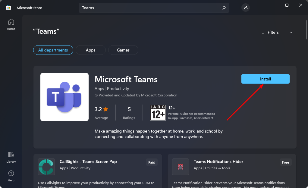 Microsoft Store — страница приложения Teams