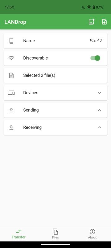 Выбор фото и файлов в LANDrop на Android