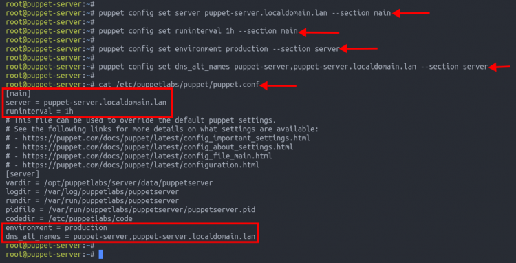 Содержимое /etc/puppetlabs/puppet/puppet.conf после настройки server и dns_alt_names
