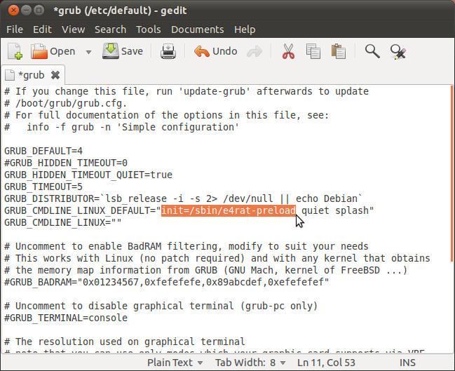 Редактирование /etc/default/grub для добавления e4rat-preload