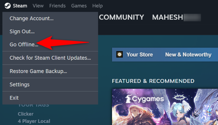 Выберите Steam > Go Offline/Online.