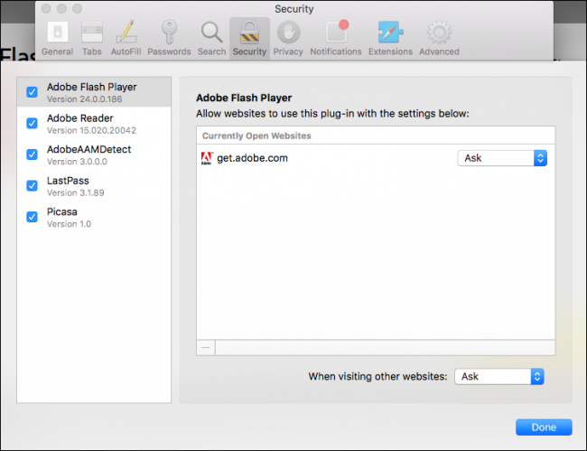 Настройки разрешений Flash для текущего сайта в Safari