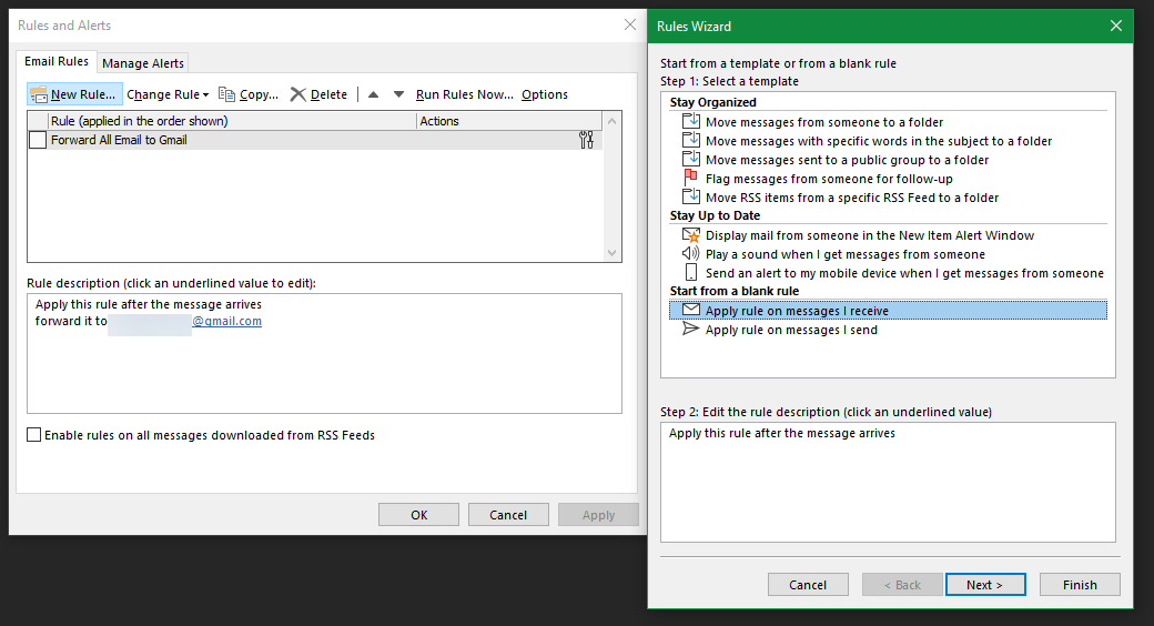 Создание нового правила Outlook