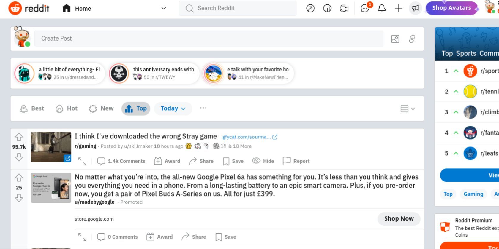 Лента Reddit, отсортированная по Top