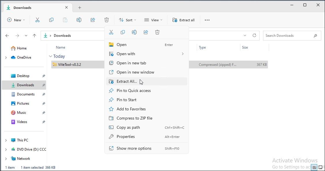 Извлечение архива ViVeTool в Проводнике