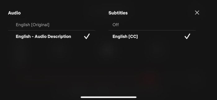 Scelta dell'opzione Descrizione audio tra le impostazioni audio disponibili