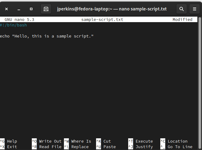 Пример файла скрипта с shebang и правами на исполнение