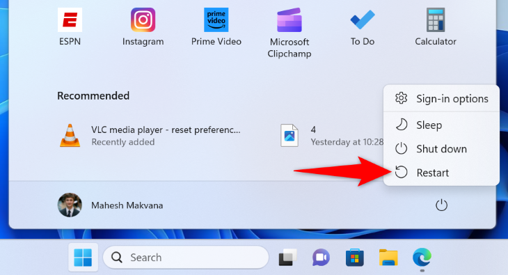 Пункт «Перезагрузка» в меню Пуск Windows