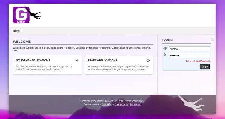 Страница входа Gibbon