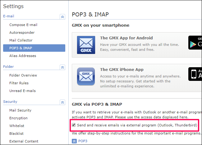 Раздел POP3 & IMAP в GMX: включите отправку через внешнюю программу