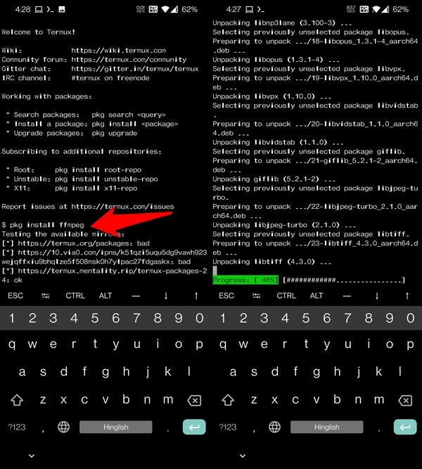 Установка FFmpeg в Termux — вывод команды pkg install ffmpeg