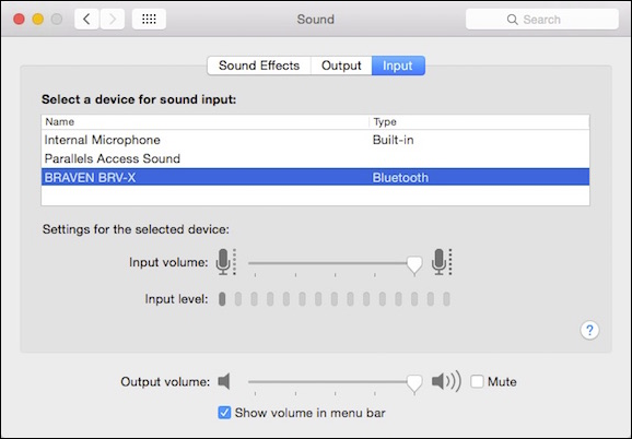 Скриншот выбора входного устройства: Bluetooth-динамик с микрофоном выбран как вход