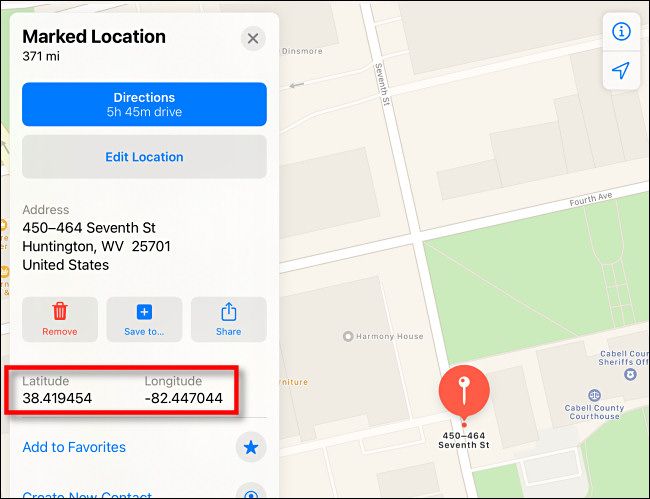 Широта и долгота показаны в Apple Maps на iPad