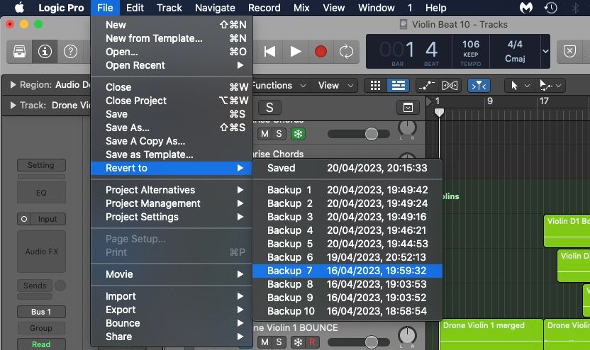 Меню Logic Pro с выбором Revert to Backup 7