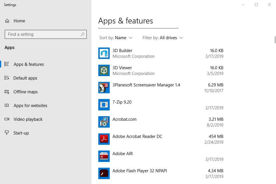 Список приложений в Windows 10