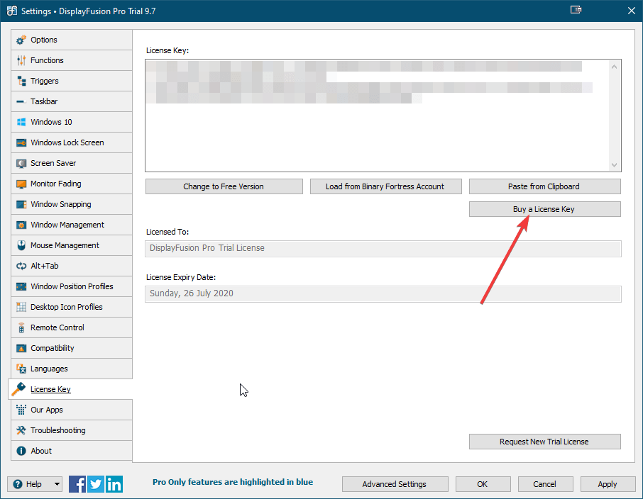 Кнопка Buy a License в DisplayFusion