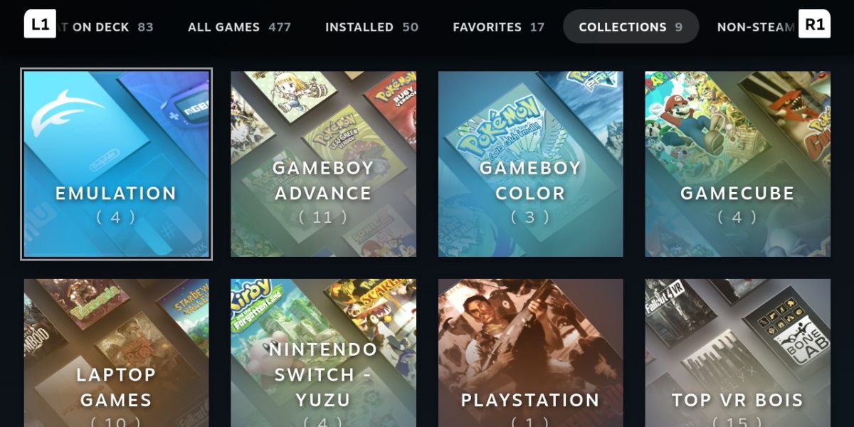 Скриншот категорий эмуляторов на Steam Deck