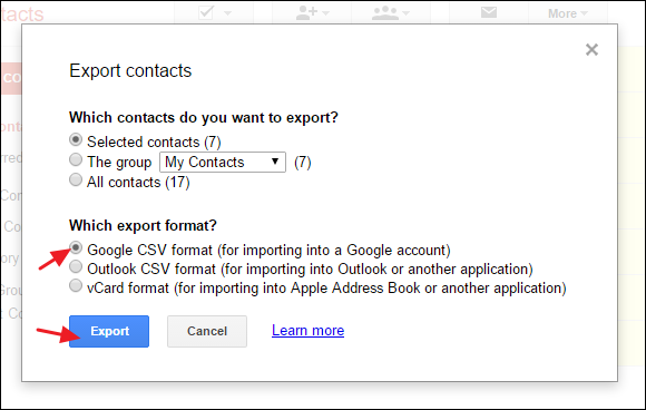 Окно экспорта: выбор формата Google CSV и экспорт