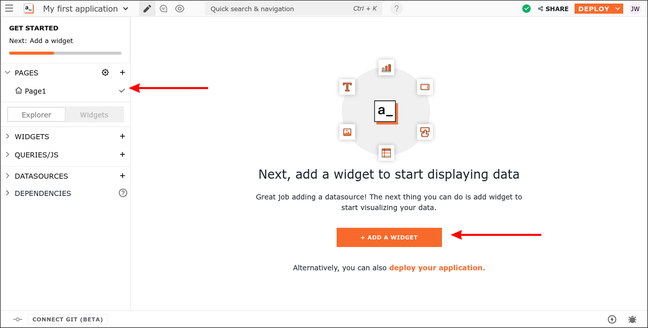 Скриншот пустой страницы с кнопкой Add a Widget в Appsmith