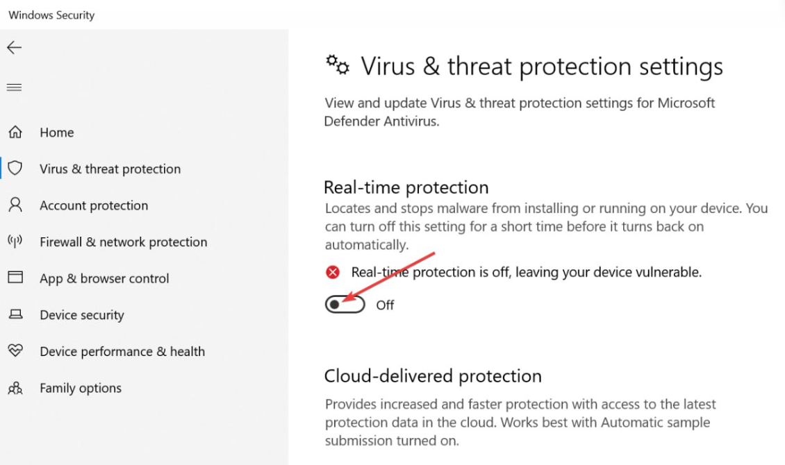 Отключение защиты в реальном времени в Windows Security