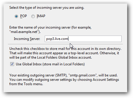 Выбор POP3 и указание pop3.live.com