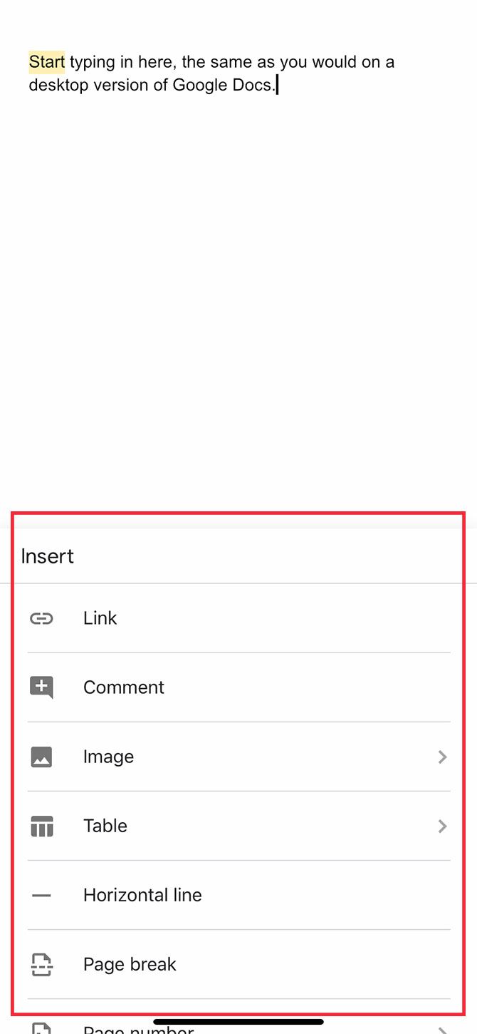 Insert Menu on Google Docs